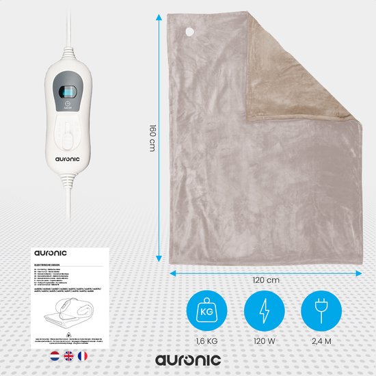 Couverture chauffante électrique - Auronic - 1 personne - 3 niveaux de chaleur - avec minuterie - 160 x 120cm - Beige