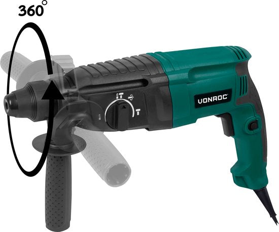 VONROC Marteau perforateur 800W - 3 Joule - SDS plus - 4 fonctions - Tête d'engrenage et accessoires inclus