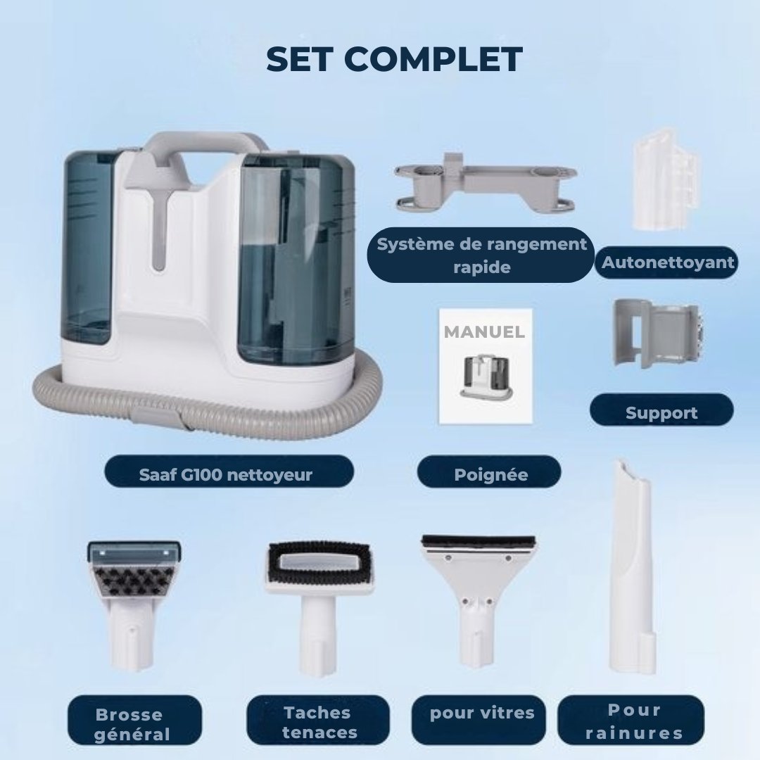 Nettoyeur de tapis avec 5 accessoires Saaf- Puissant 450W- Nettoyeur de banc portable - Pour tapis, meubles, voiture, fenêtres - Câble de 5M - Blanc