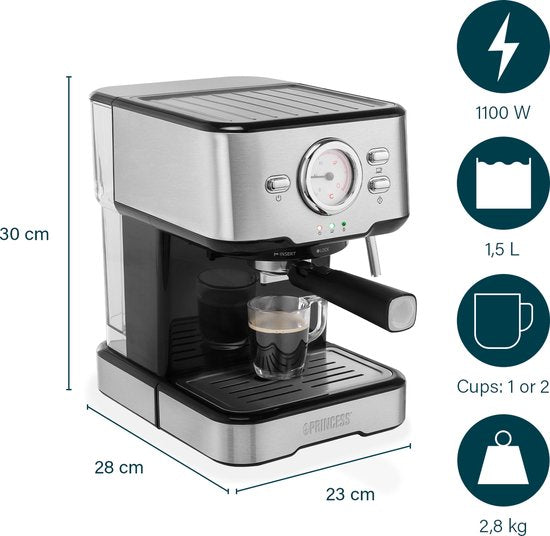 Cafetière - Princess 249412 Machines à expresso pour café moulu - Avec mousseur à lait pour cappucino et latte macchiato - 2 tasses - Association de consommateurs Best Buy