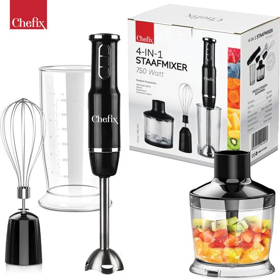 Chefix Hand Blender Set 4-in-1 - Mixeur plongeant - Hachoir Fouet Batteur Tasse à mesurer - 750 W - Noir