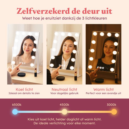 Fraay® Hollywood Mirror with Lighting 41x30cm - 3 Light Stages - Make-up Mirror with 10x Magnification Mirror - LED Lighting Dimmable - Incl. Beauty Blenders and Powder puff