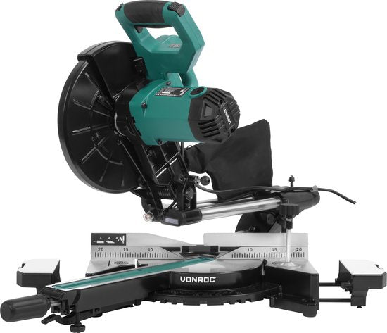 VONROC PRO tronçonneuse - scie d'abattage - scie à onglet - 2200W - Ø255mm - Coupe le bois, le plastique et le métal - Vitesse réglable - Capacité de coupe 340mm - Rallonge de table réglable - Fonction de traction - Inclinable - Butée de longueur - Inclus