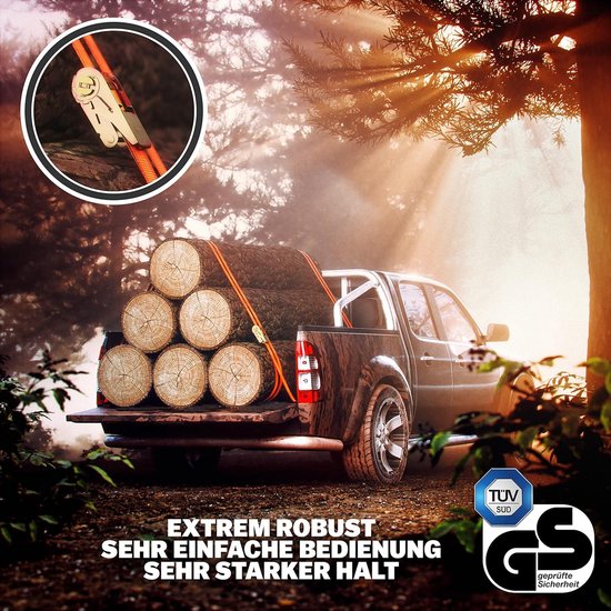 4 pièces sangles à cliquet, en 4 m, 5 m ou 6 m, sangles à cliquet, certifiées TÜV/GS, avec double couture, sangles d'arrimage, résistantes aux intempéries et robustes
