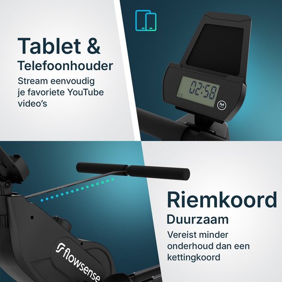 Rameur Flowsense - Rameur - Silencieux - Rameur magnétique - Rameur 16 niveaux de résistance - Moniteur LCD