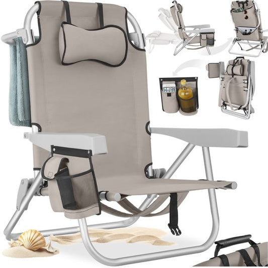 tectake® Beach Chair Coral - Chaise de camping pliable avec sac isotherme et sac de rangement - Dossier réglable en 5 sens avec coussin de tête - Accoudoirs larges avec porte-gobelet / porte-téléphone - Chaise de camping pliable - Beige