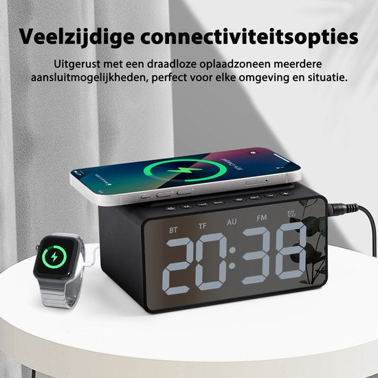 Réveil numérique - avec radio, Bluetooth et chargeur sans fil - Réveil radio - Fonction Snooze - Noir - by Faas