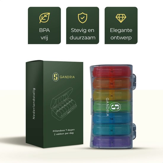 Pilulier Gandria 7 jours - Pilulier amovible - Boîte à pharmacie avec 14 compartiments - Boîte à pharmacie avec fermeture solide - 2 compartiments par jour - 7 couleurs