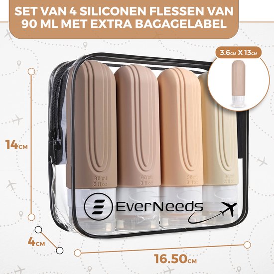 EverNeeds Bouteilles de voyage avec étui - rechargeables - Bouteilles de voyage en silicone pour bagages à main - crème - 4 pièces