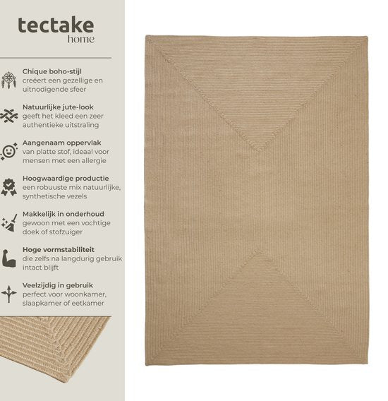 tectake® Tapis tressé - Style bohème - Tapis en jute pour l'intérieur - Durable, facile d'entretien, indéformable et anti-allergique - Tapis vintage - Tailles div. - 160x230 cm