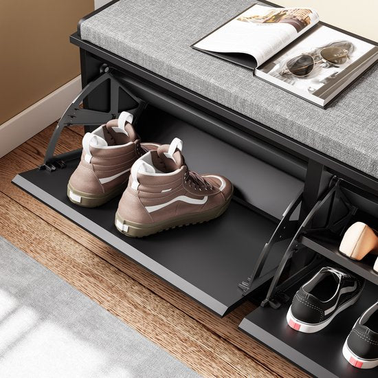 SoBuy Banc à chaussures avec coussin rembourré - Meuble à chaussures avec 2 abattants - Meuble de rangement pour chaussures - Noir, 100x26x46 cm, FSR98-XL-SCH