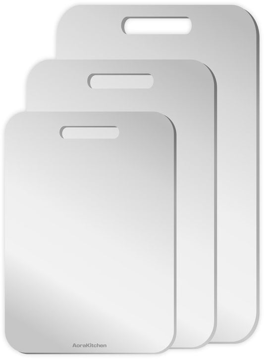 AoraKitchen Planche à découper en acier inoxydable - Set 3 pièces - Planches à découper - Lavable en lave-vaisselle - Stabilisé au titane