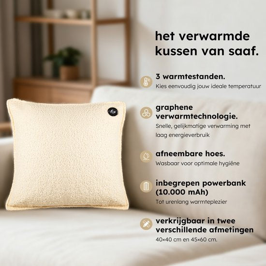 Coussin chauffant - 3 niveaux de chaleur - Coussin chauffant rechargeable - 10k mAh Powerbank - Sans fil - Coussin chauffant - 40 x 40 cm - Bouclé Off-white - Saaf Comfort