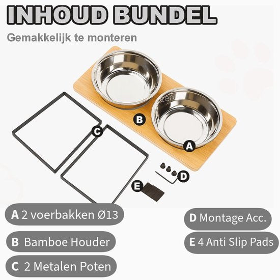 Ceruzo Gamelle double - Petits chiens - Acier inoxydable - Bambou-Métal Standard -33x15x12.5 cm