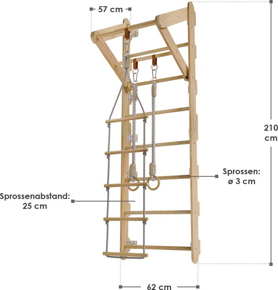 Juskys - Support mural pour enfants - 62 x 210 x 57 cm - naturel et bois - avec échelle de corde et anneaux tournants - Support d'escalade d'intérieur pour la chambre - favorise la motricité et la force