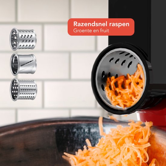 KitchenBrothers Robot de cuisine 6-en-1 - 1500W - Avec hachoir, blender et 15 accessoires - Bol en acier inoxydable de 6,2L - Rouge