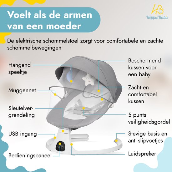 HeppieBabie Balançoire électrique - Options de musique et de balancement - Ceinture de sécurité à 5 points - Balançoire pour bébé - Balançoire pour bébé - Avec Ebook