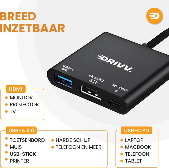 Drivv. Adaptateur USB C vers HDMI 3 en 1 - HDMI 4K 60hz - USB 3.0 - PDW 100w - Noir