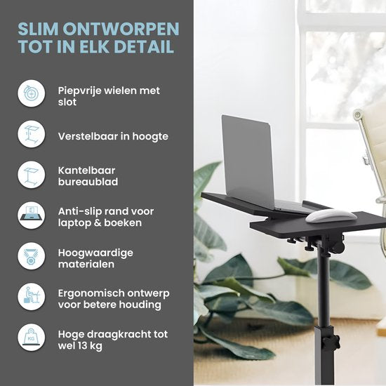 TTD® Premium Side Table on Wheels with Brake - Laptop Table Adjustable - Ergonomic Bed Table on Wheels - 23 kg Carrying Capacity - Laptop Stand - Adjustable Angle and Height - Black - Right