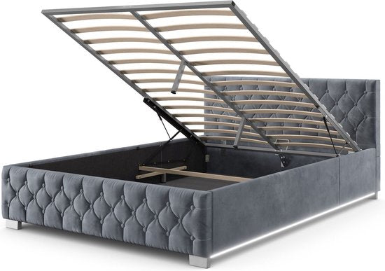 Juskys - Lit Nizza - 140 x 200 cm - Gris & Velours - Avec éclairage LED et tiroir de lit - Design moderne - Sommier à lattes inclus