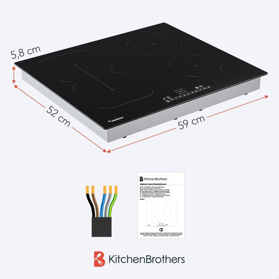 KitchenBrothers Table de cuisson à induction - Table de cuisson à induction encastrable - 60 cm - 4 zones - 1 et 2 phases - Jusqu'à 2400W - Noir
