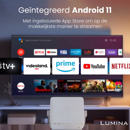 Lumina® Stellar Beamer 2025 - 4K Ultra HD - Écran et redressement automatique - Projecteur Smart TV tout-en-un - Pour iOS et Android - Blanc