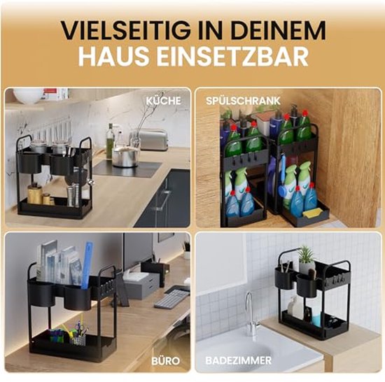 HELDENWERK - Rangement pour évier et cuisine - 2 pièces - plastique ABS noir - coulissant à 2 niveaux - pour cuisine et salle de bain - avec crochets et plateaux - espace de rangement maximal