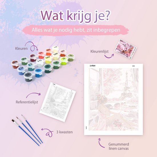 Rubye® Painting By Number Adults - Pink Paris - Peinture et pinceaux inclus - Toile à peindre - Colour by Number - 40x50cm