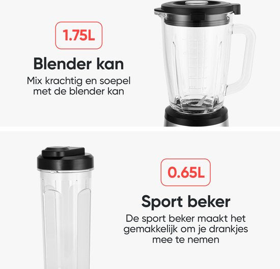 Mixeur - Kitchenwell - Bledner à smoothie - 1300 watts avec gobelet - 1,75 litre - Récipient en verre - Acier inoxydable