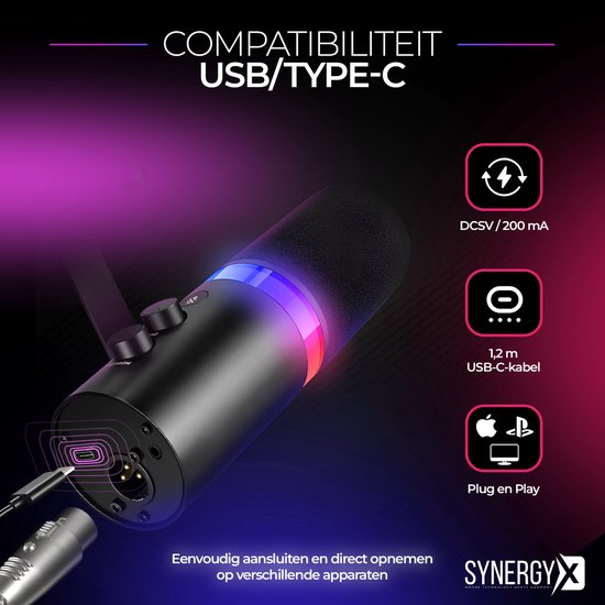 SynergyX SonicFlex Pro ll Microphone - Microphone de jeu USB avec bras XC7 - PC Gaming - Convient pour PC/PS4/PS5 - RGB - Podcast - Gaming - Streaming - Noir