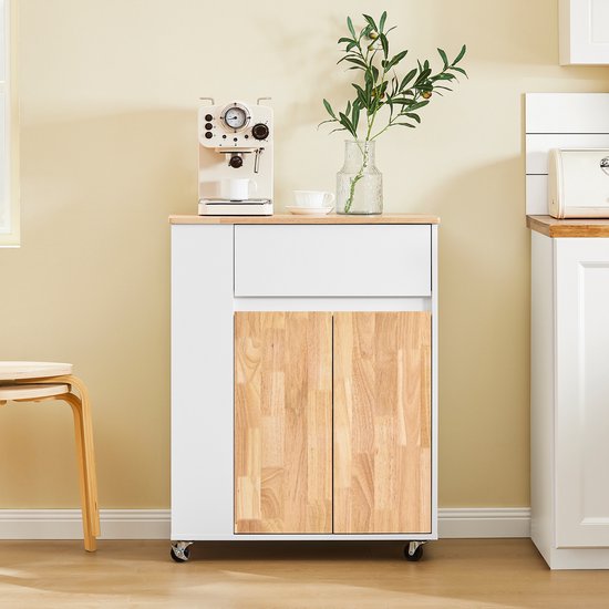 SoBuy Chariot de cuisine à roulettes - Armoire de cuisine avec plan de travail en bois d'hévéa, meuble de cuisine indépendant pour salle à manger et coin café 70 x 40 x 90 cm Blanc FKW132-WN