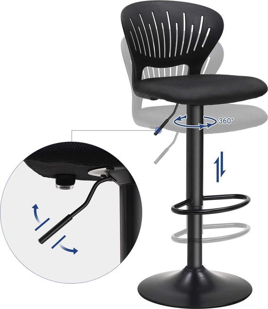 SONGMICS Tabouret de bar, ensemble de 2, tabouret de bar réglable en hauteur avec dossier couronné, pivotant à 360°, siège rembourré confortable, cuisine, bar, noir LJB04BK