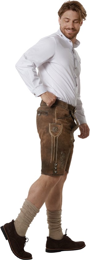Dressforfun Authentique Lederhosen Jonathan court - Avec ceinture et bretelles - Cuir véritable - Marron - 50 - Oktoberfest Dress Man - Costume d'homme - Dress Up - Costume allemand - Costume de carnaval - Gilet de costume - Pantalon traditionnel en cui