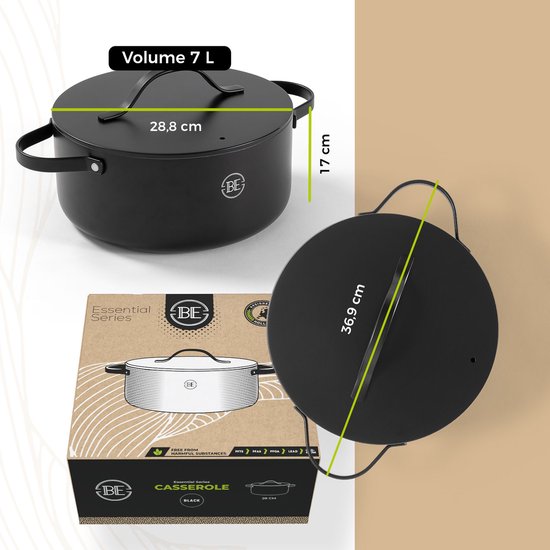 BE Living Essential Casserole avec couvercle - Ø 28 cm - Poêle de cuisson - Céramique - Sans PFAS - Induction - Noir