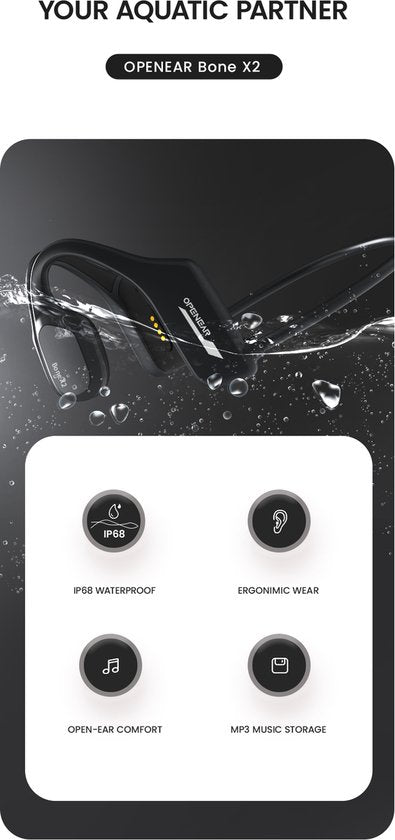 OPENAIR Bone x2 - Casque de natation étanche avec lecteur MP3 32GB et Bluetooth 5.2 - Casque de sport à conduction osseuse - étanche IPX8 - Casque de natation sans fil pour la natation, la course à pied et le fitness