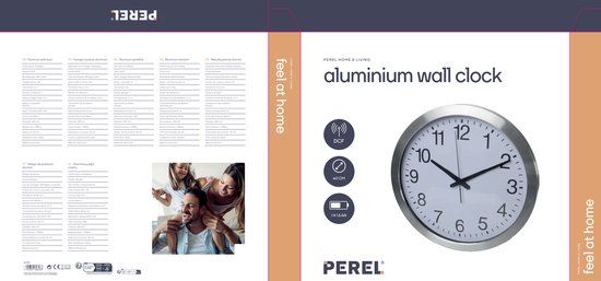 Perel Horloge murale, ronde, analogique, 40 cm, affichage de l'heure radiocommandé (DCF), aluminium, argent