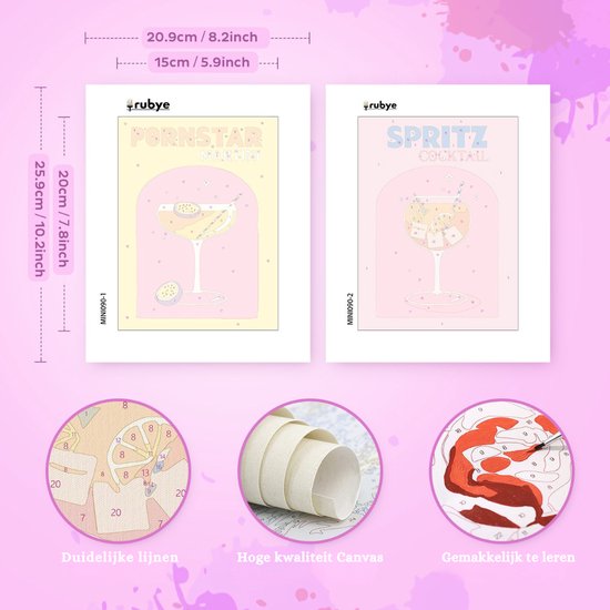 Rubye® Mini peinture sur chiffres - 2 pièces - Adultes - Peinture sur chiffres Enfants - Set - Cocktails - 15x20cm