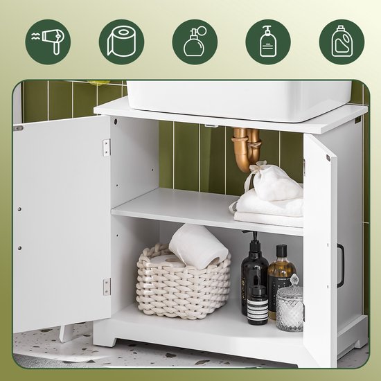 SoBuy Meuble bas pour évier, salle de bain, 60 cm, petit meuble de rangement sous évier avec étagères réglables, meuble compact pour évier, résistant à l'humidité, en bois, blanc, BZR205-W