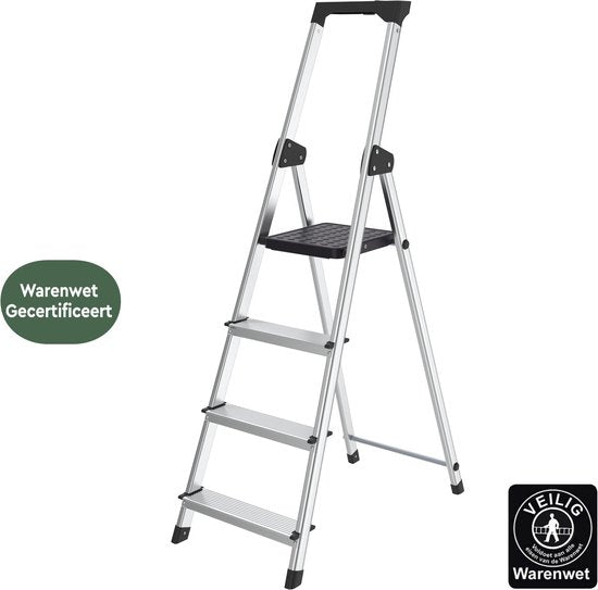 BRASQ Escabeau ménager 4 marches Silver - escabeau de cuisine pliant en aluminium pour usage privé et professionnel - Echelle - Antidérapant