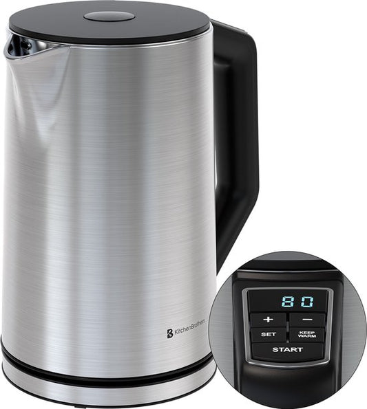 KitchenBrothers Bouilloire - Électrique - 1,5L - 2200W - Contrôle de température réglable - Double paroi - Bouilloire en acier inoxydable - Silver