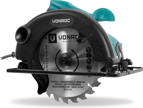 VONROC Scie circulaire 1200W - 185mm - Incl. guide parallèle et lame de scie 24 dents pour le bois