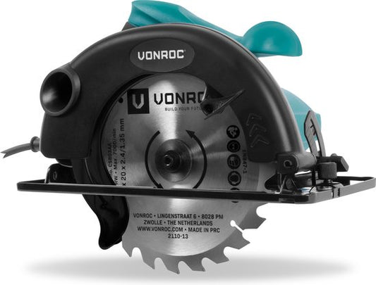 VONROC Scie circulaire 1200W - 185mm - Incl. guide parallèle et lame de scie 24 dents pour le bois