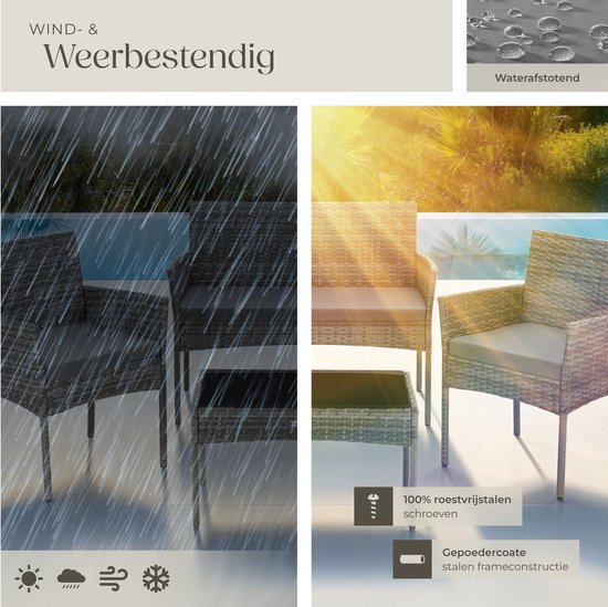 tectake® - Ensemble de jardin en osier Palese - Groupe de sièges pour 4 personnes - Ensemble de meubles de jardin avec banc de salon, table de jardin et 2 chaises de jardin, y compris les coussins d'assise - Meubles de jardin - Résistant à l'eau - Gris