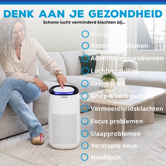 Sofresh purificateur d'air avec application - 80 m² - Mode automatique + système de filtration 6 en 1 - Indicateur de qualité de l'air - Ioniseur - UV - Filtre à air - Purificateur d'air avec filtre HEPA