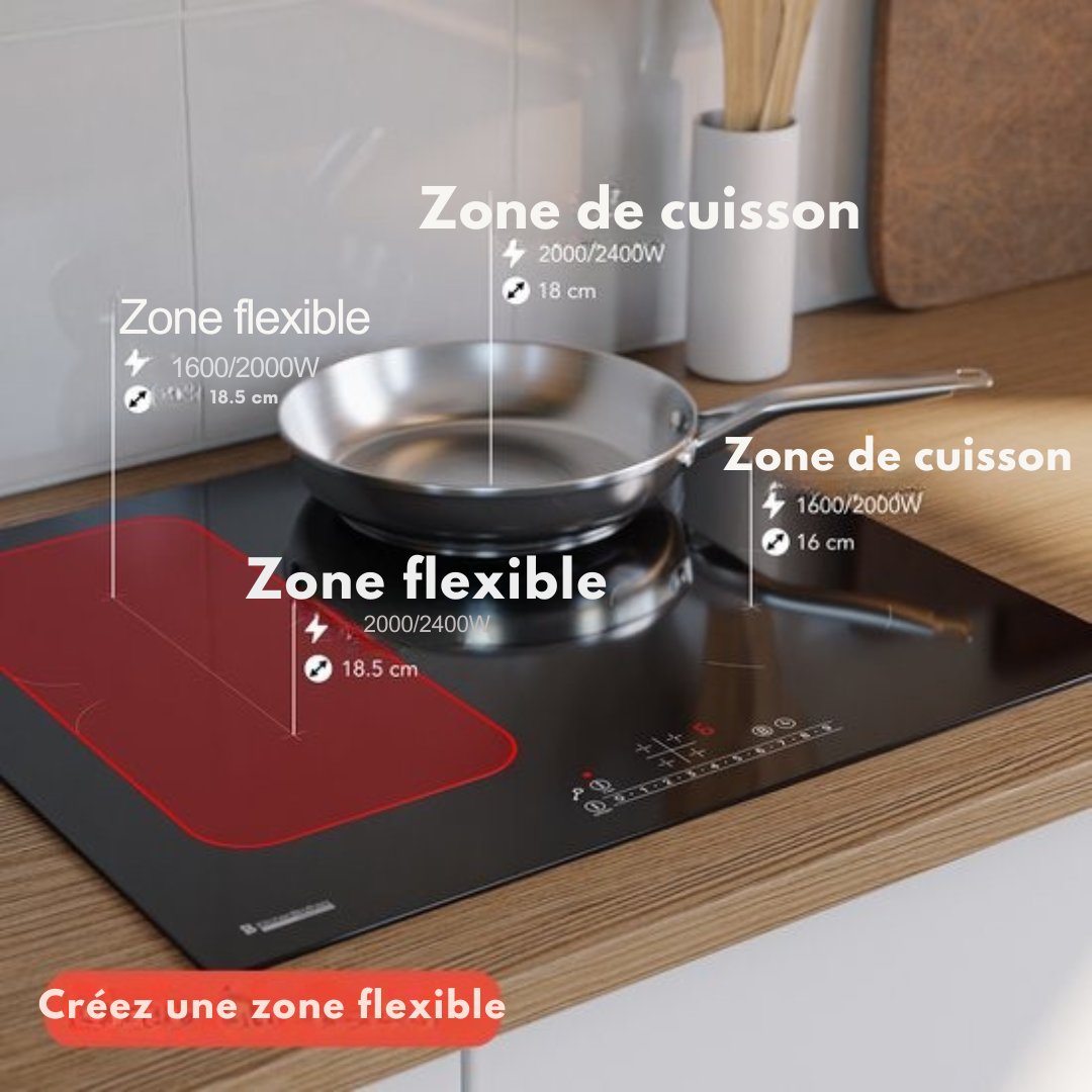 Plaque de cuisson à induction KitchenBrothers - Plaque de cuisson à induction autoportante - 60 cm - 4 zones - 1x Flexzone - 1 phase - Jusqu'à 3500W - Argent/RVS