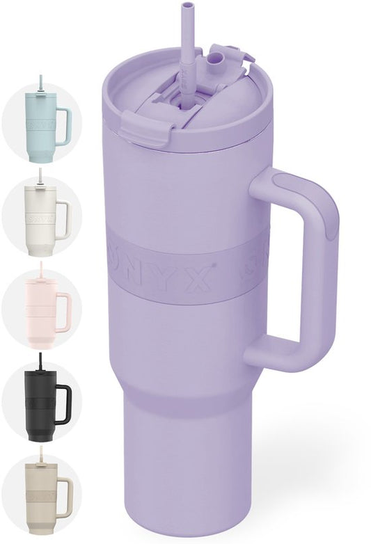 ONYX Bouteille à boire avec paille 1,2 litre - Bouteille d'eau pour enfants et adultes - Tasse thermos en acier inoxydable - Boire pour la motivation - Tasse à boire pour l'école - Violet pastel