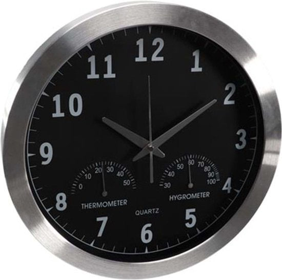 Perel Horloge murale, ronde, analogique, 35,5 cm, affichage de l'heure radio-piloté (DCF), avec thermomètre et hygromètre, aluminium, argent