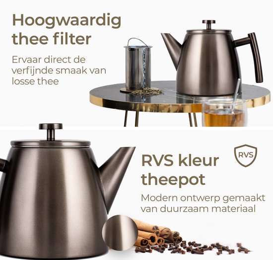 Vaja® Théière Juliette Gun Metal - Double paroi - 1 litre - Théière en acier inoxydable avec filtre