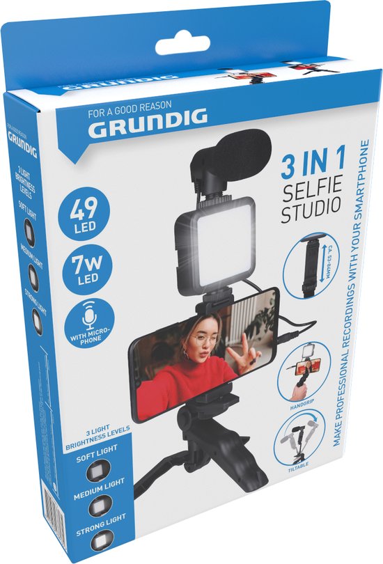 Grundig Phone Tripod with Lamp - Trépied pour téléphone avec microphone - LED avec 3 réglages de couleur - téléphones 53 à 84MM - Table Top et Selfie Stick - Plastique - Noir