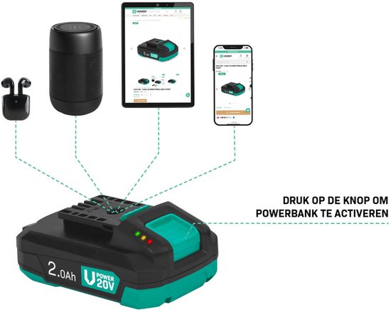 VONROC VPower 20V Battery - 2.0Ah - Duopack : 2 pièces - port USB-C b-directionnel - batterie et power bank en un - compatible avec Power Delivery (PD) - Protégé avec Electronic Cell Protection.